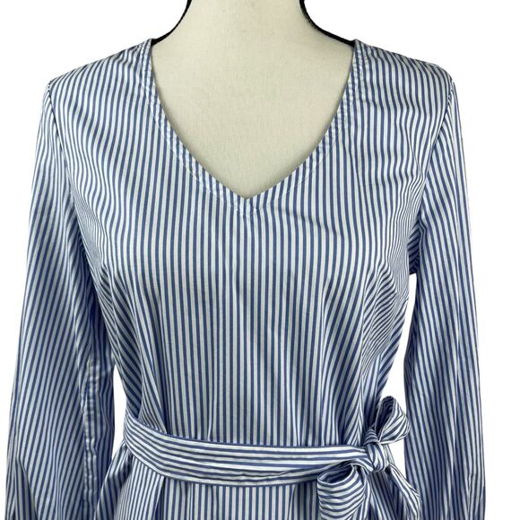 J. Crew Women's Dress Small Blue Striped Tie Waist Poplin V Neck Long Sleeve - Picture 2 of 10